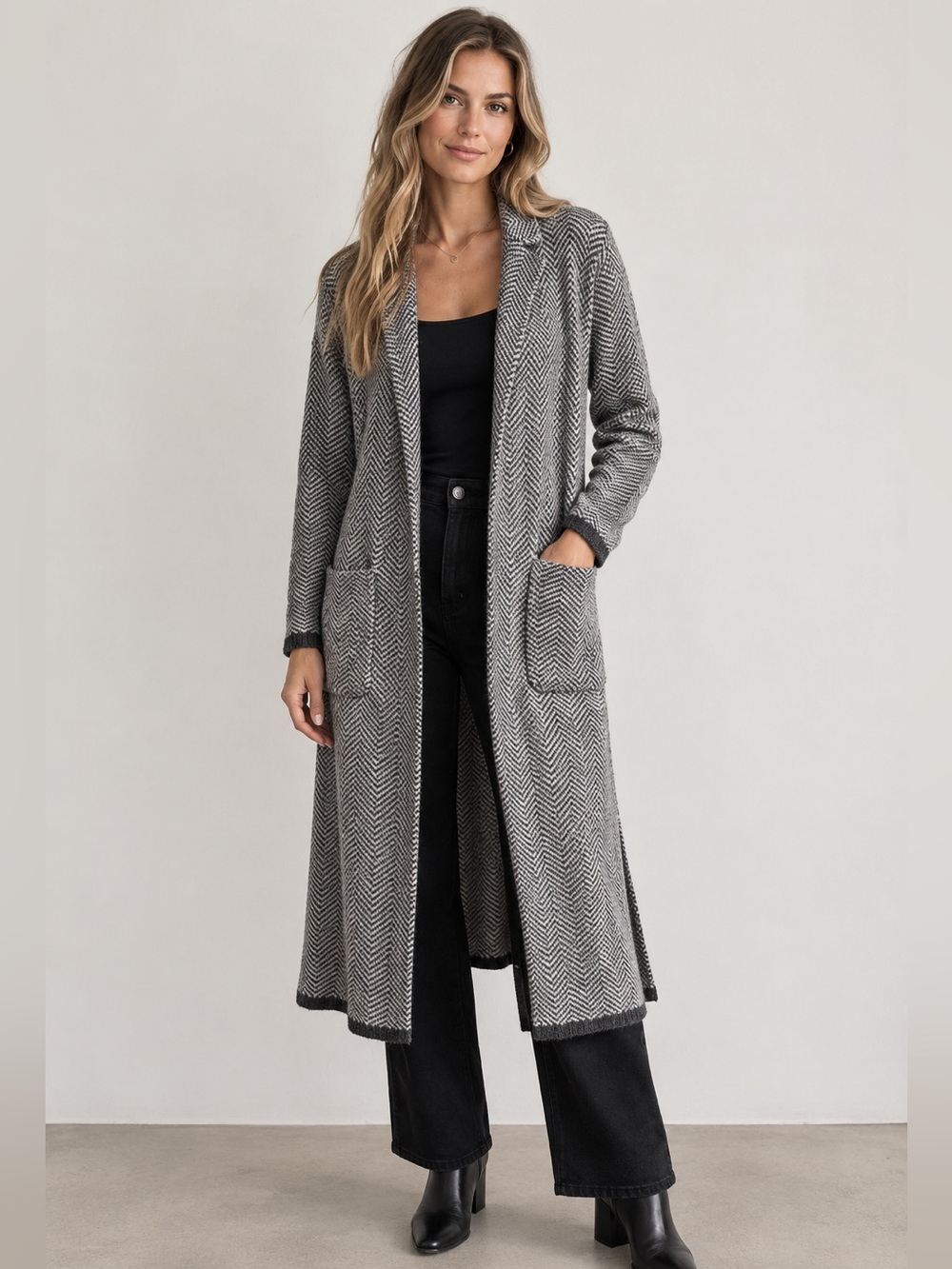 Long Herringbone Open Front Sweater - Gray